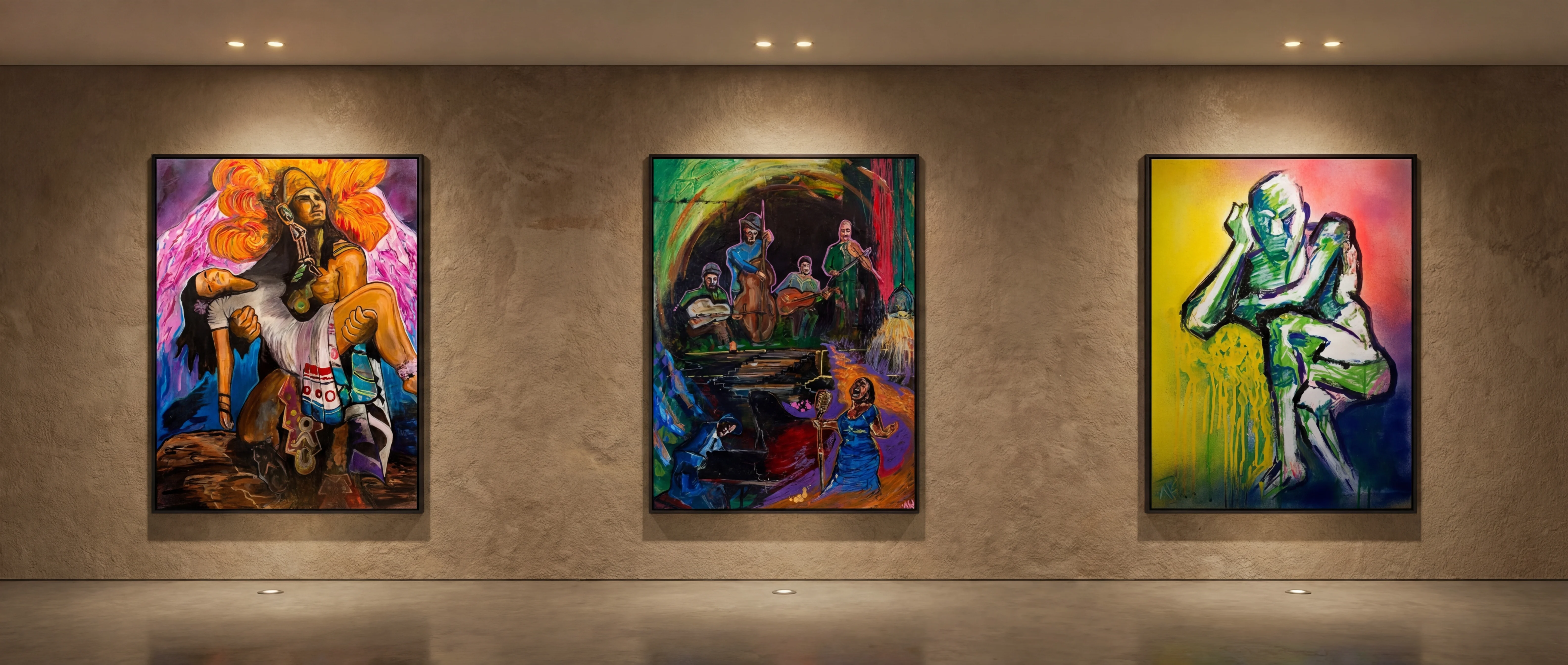Studio artworks including Aztec Chief, Weight of Sound, and Audible Silence — original artworks by Leo Hydra Studio, daytime view