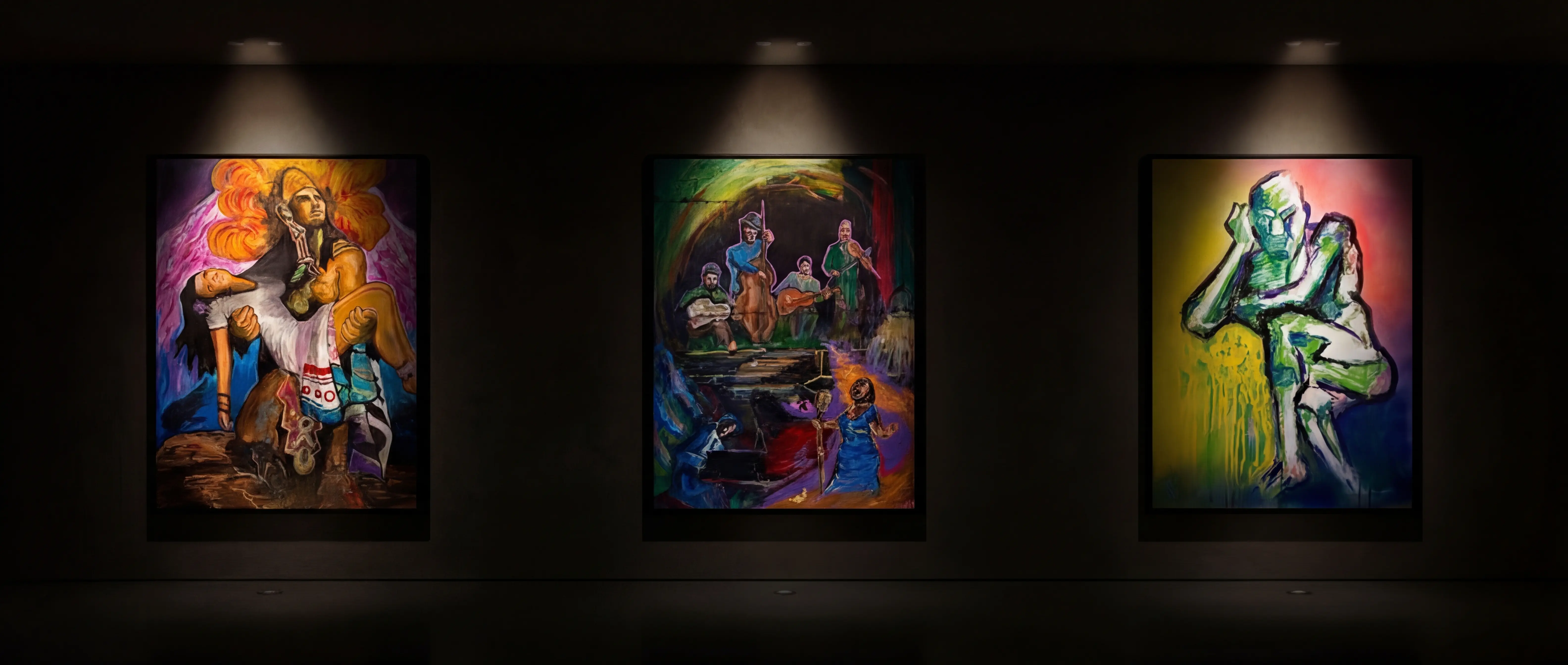 Studio artworks including Aztec Chief, Weight of Sound, and Audible Silence — original artworks by Leo Hydra Studio, night view